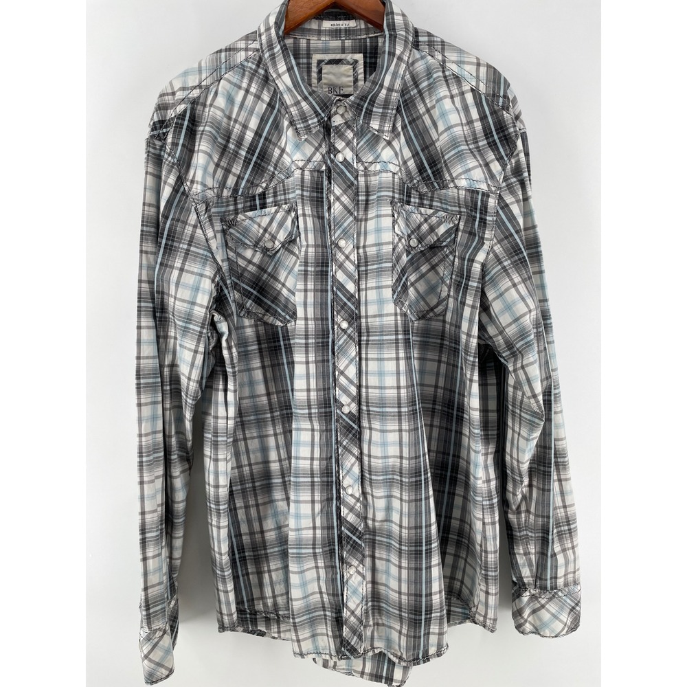 BKE Western Shirt Mens‎ XXL Grey Blue Plaid Snap Athletic Fit Cowboy